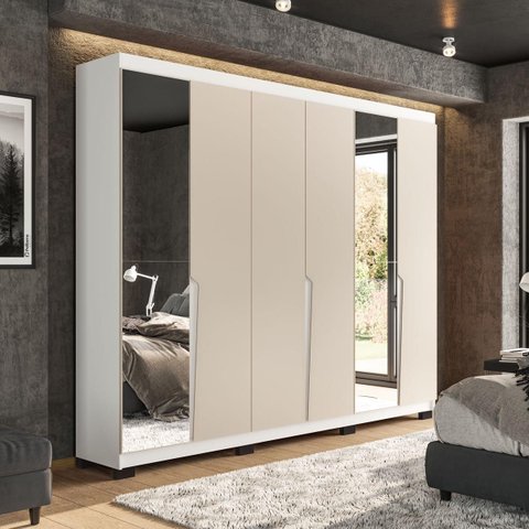 Roupeiro Casal Porto 6 Portas com Espelho 242x214cm Branco/Creme 240848