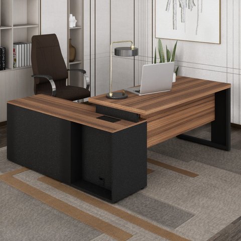 Escrivaninha Mesa de Escritório em L com Armário Lateral Pé Quadro 150cm Marrom e Preto Yescasa