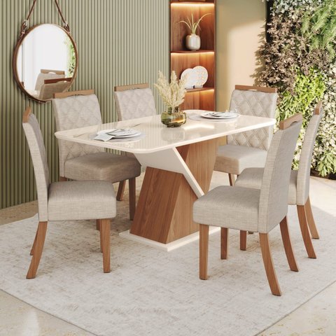 Sala de Jantar Mesa 160 com Canto Arredondado com Vidro 6 Cadeiras Carla Espresso Móveis Prata/Nature/Off White