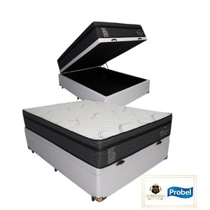 Cama Base Box com Baú Casal + Colchão de molas ensacadas Madrid Probel - 138x188x72:Branco