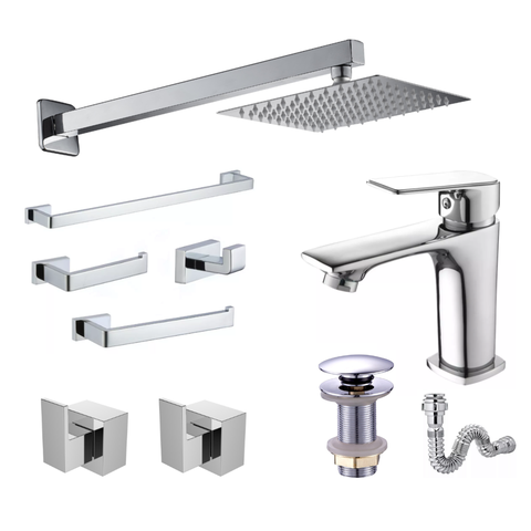 Kit Completo P/ Banheiro Lavatório com Torneira Monocomando Bica Baixa e Ducha Slim 20x20 Metal Inox