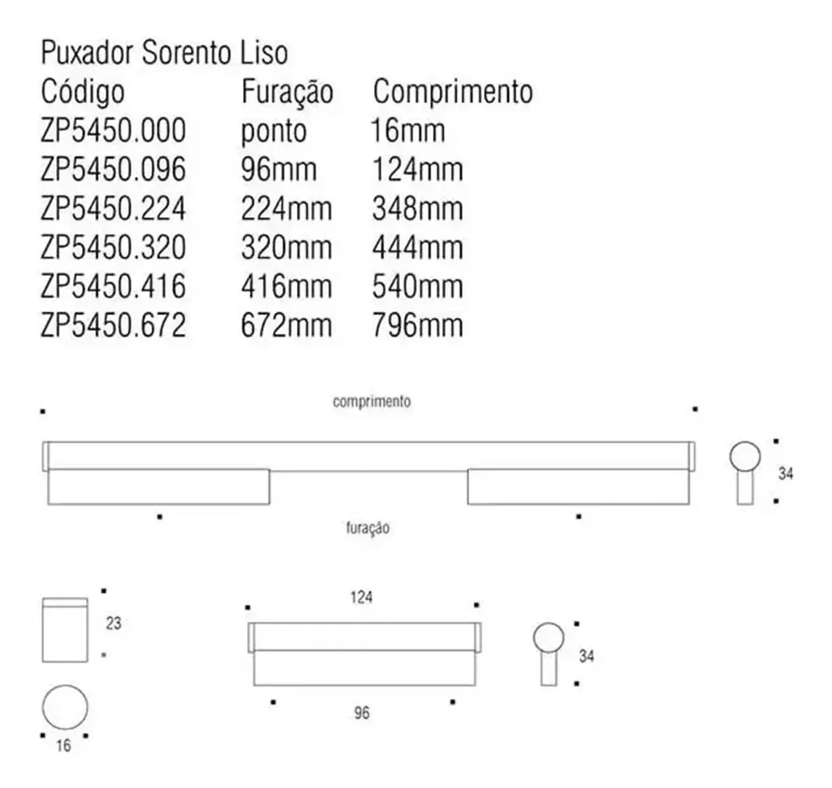 Puxador Sorento 672mm Furo a Furo 796mm Total Preto - 2