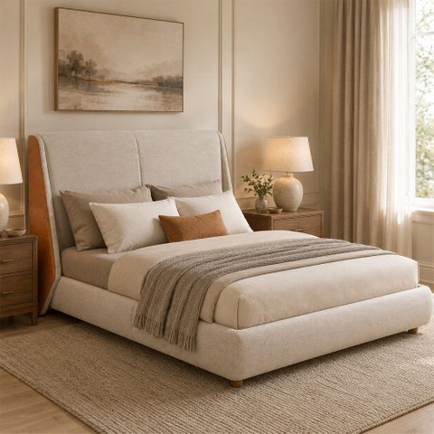 Cama Japonesa com Cabeceira Louvre Seo Casal Courino Caramelo | Linho Bege - Sallar Home