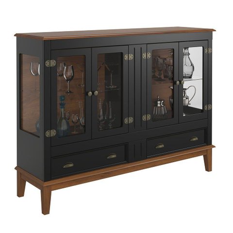 Mini Cristaleira de Madeira Maciça 4 Portas - Cor: Preto/amêndoa