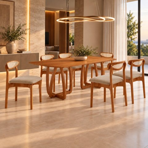 Conjunto de Mesa de Jantar Ello Tampo 180cm Barril Laminado com 6 Cadeiras Mônaco Premium
