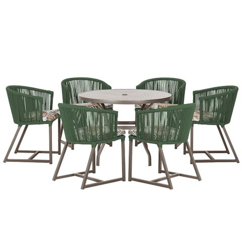 Mesa com 6 Cadeiras de Jantar Roma 120cm e Noronha em Alumínio Marrom Corda Náutica Estofado 6 Trama