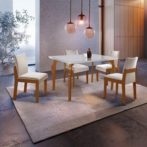 Conjunto Sala de Jantar Mesa Marialice Tampo Vidro/MDF com 4 Cadeiras Mônaco Espresso Móveis Marrom/Castanho Cinamomo/Creme/Off White
