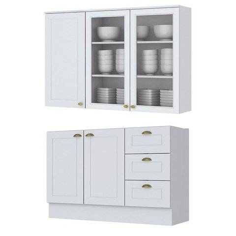 Balcão Pia 120cm e Aéreo com Porta de Vidro Americana Branco - Móveis Henn