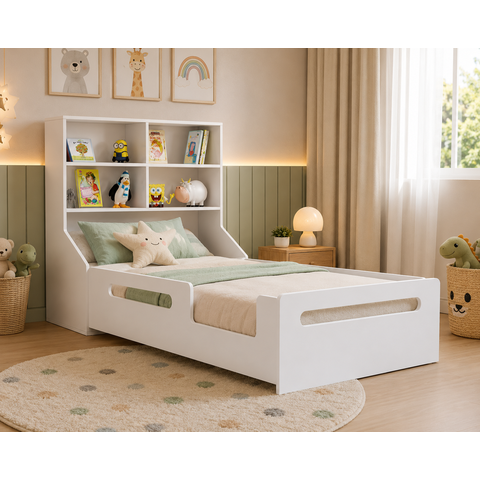 Cama Berço Solteiro Montessoriana Grade Proteção Baixa com Organizador Porta Treco e Colchão