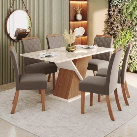 Sala de Jantar Carla Mesa 160 cm Canto Reto com Vidro 6 Cadeiras Espresso Móveis Off White/Nature/Marrom Amêndoa