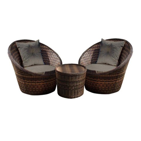 Conjunto de Poltronas Fibra Sintética Bola - 2 Poltronas + 1 Mesa Centro - Tecido Duna Fendi