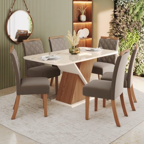 Sala de Jantar Mesa 160 com Canto Arredondado com Vidro 6 Cadeiras Carla Espresso Móveis Off White/Nature/Marrom Amêndoa