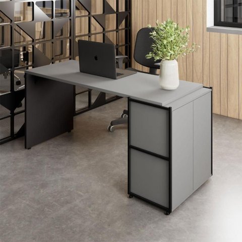 Mesa Escrivaninha 150cm x 60cm e Armário 2 Portas Cinza Sagrado com Preto F5 Office