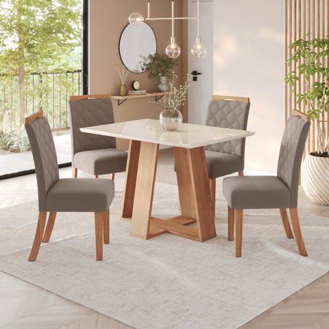 Sala de Jantar Hebe Mesa 120 cm Canto Reto com Vidro 4 Cadeiras Espresso Móveis Off White/Nature/Marrom Amêndoa