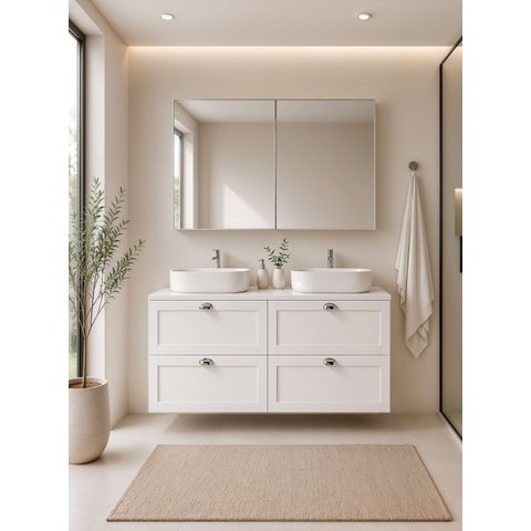 Gabinete para Banheiro com Tampo 2 Cubas e Armário 120cm Retro MDF Branco Milano - On Móveis