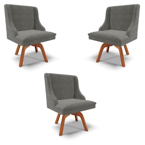 Kit 3 Cadeiras Decorativas Sala de Jantar Base Giratória de Madeira Firenze Suede Grafite/Natural G1