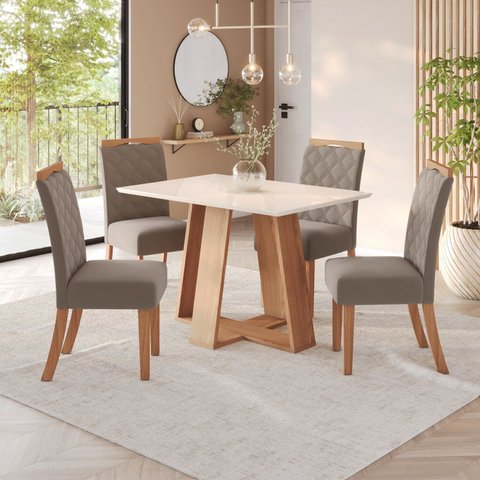 Sala de Jantar Hebe Mesa 120 cm Canto Reto 4 Cadeiras Espresso Móveis Off White/Nature/Marrom Amêndoa