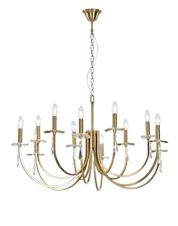 Lustre/Pendente London Metal Ouro Com Vidro e Cristais K9 Transparentes 12 Braços 12 Lâmpadas E14 Tu