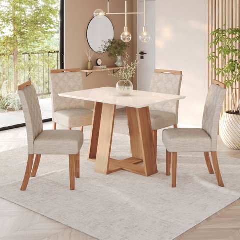 Sala de Jantar Hebe Mesa 120 cm Canto Reto 4 Cadeiras Espresso Móveis Off White/Nature/Linho