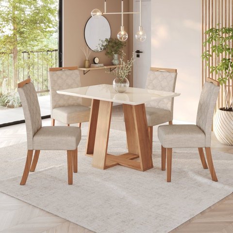 Sala de Jantar Hebe Mesa 120 cm Canto Reto com Vidro 4 Cadeiras Espresso Móveis Off White/Nature/Linho