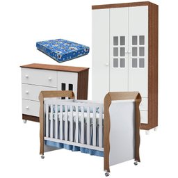 Quarto de Bebê Mariah 3P com Berço Mirelle Branco Acetinado Amadeirado com Colchão - Carolina - 1