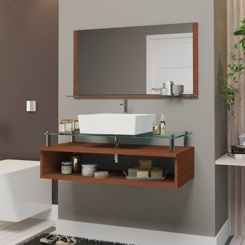Conjunto Gabinete Banheiro 80cm com Tampo de Vidro Jade Marrom/Natura