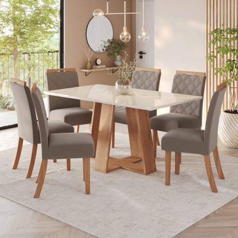 Sala de Jantar Hebe Mesa 160 cm Canto Reto com Vidro 6 Cadeiras Espresso Móveis Off White/Nature/Marrom Amêndoa