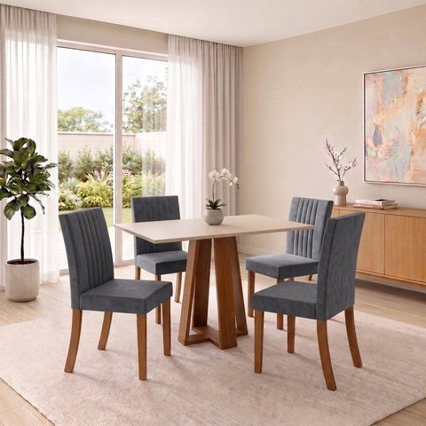 Conjunto Sala de Jantar Mesa Lisa 120cm Tampo MDF Canto Reto 4 Cadeiras Lily