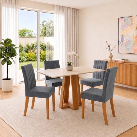 Conjunto Sala de Jantar Mesa Lisa 120cm Tampo MDF Canto Reto 4 Cadeiras Lily