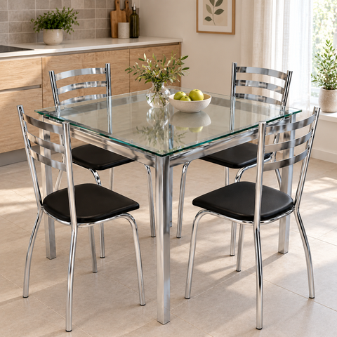Conjunto Mesa Quadrada 90x90cm com 4 Cadeiras Vidro e Metal Cromado Preto - Kappesberg