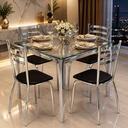 Ver imagem 1 de Kit Conjunto Mesa Quadrada 4 Cadeiras 90 x 90 cm Sala de Jantar Cozinha Vidro Metal Cromado Preto