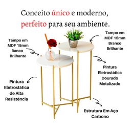 Mesa de Canto Moderna Sala Estar Pé de Ferro Dourada:tampos Brancos Ferragens Dourada - 3