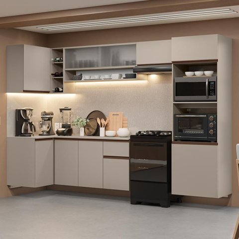 Armário de Cozinha Completa de Canto Suspenso 385cm Crema Nice Madesa 01 Crema