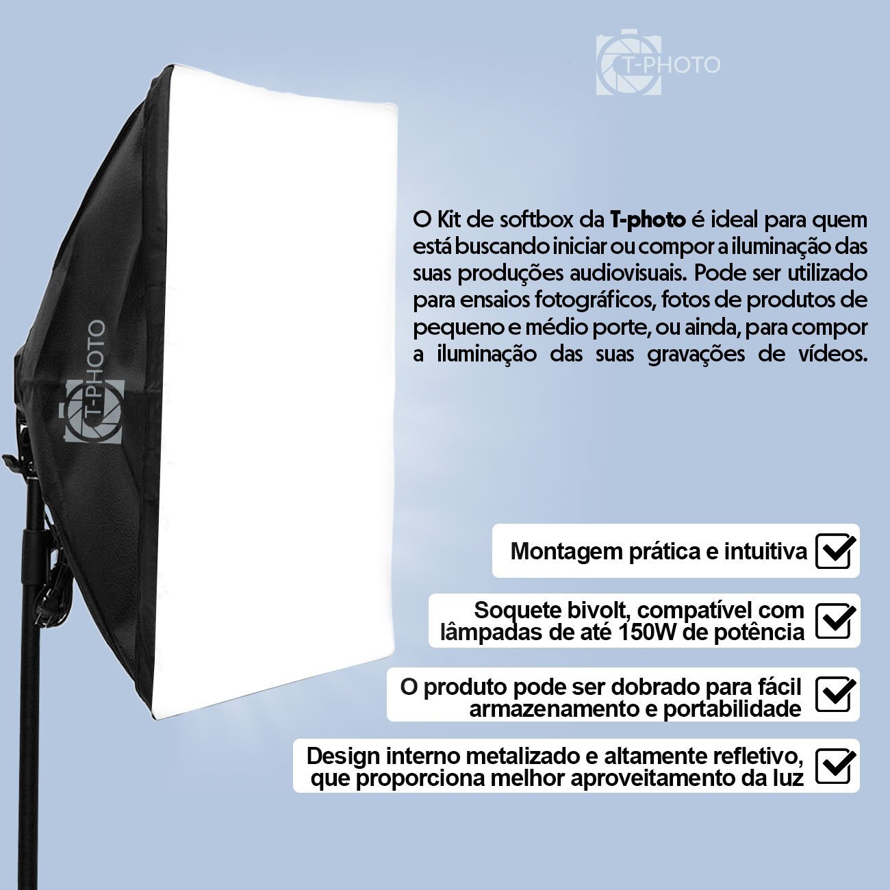 Kit Softbox Soquete E-27 Quadruplo Embutido Tripé 2M T-Photo U UNICA UNICA - 5