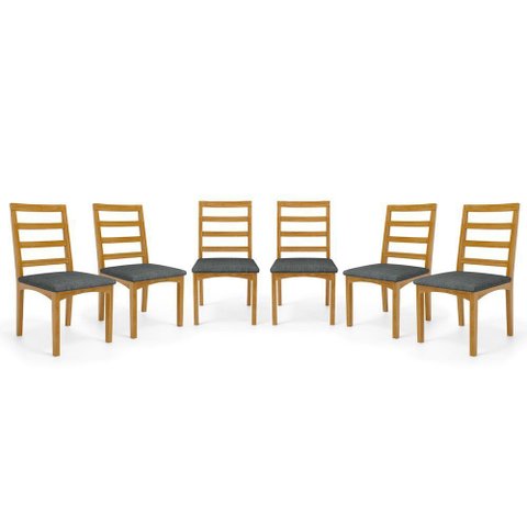 Kit com 6 Cadeiras Cecília Madeira Maciça Assentos Estofados para Mesa de Jantar Linho Chumbo 406