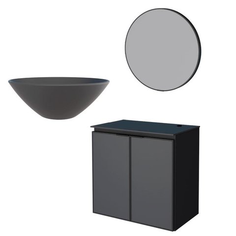 Conjunto Banheiro Aço Gabinete Umbu 60 Com Cuba Cuia Preta Espelho Luna Cozimax Preto