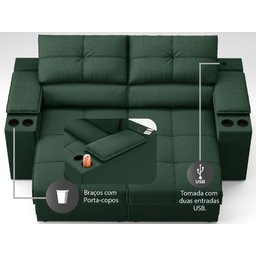 Sofá com Porta Copos e Carregador USB Retrátil e Reclinável Ringo 1,70m Velosuede Verde - - 6