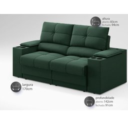Sofá com Porta Copos e Carregador USB Retrátil e Reclinável Ringo 1,70m Velosuede Verde - - 2
