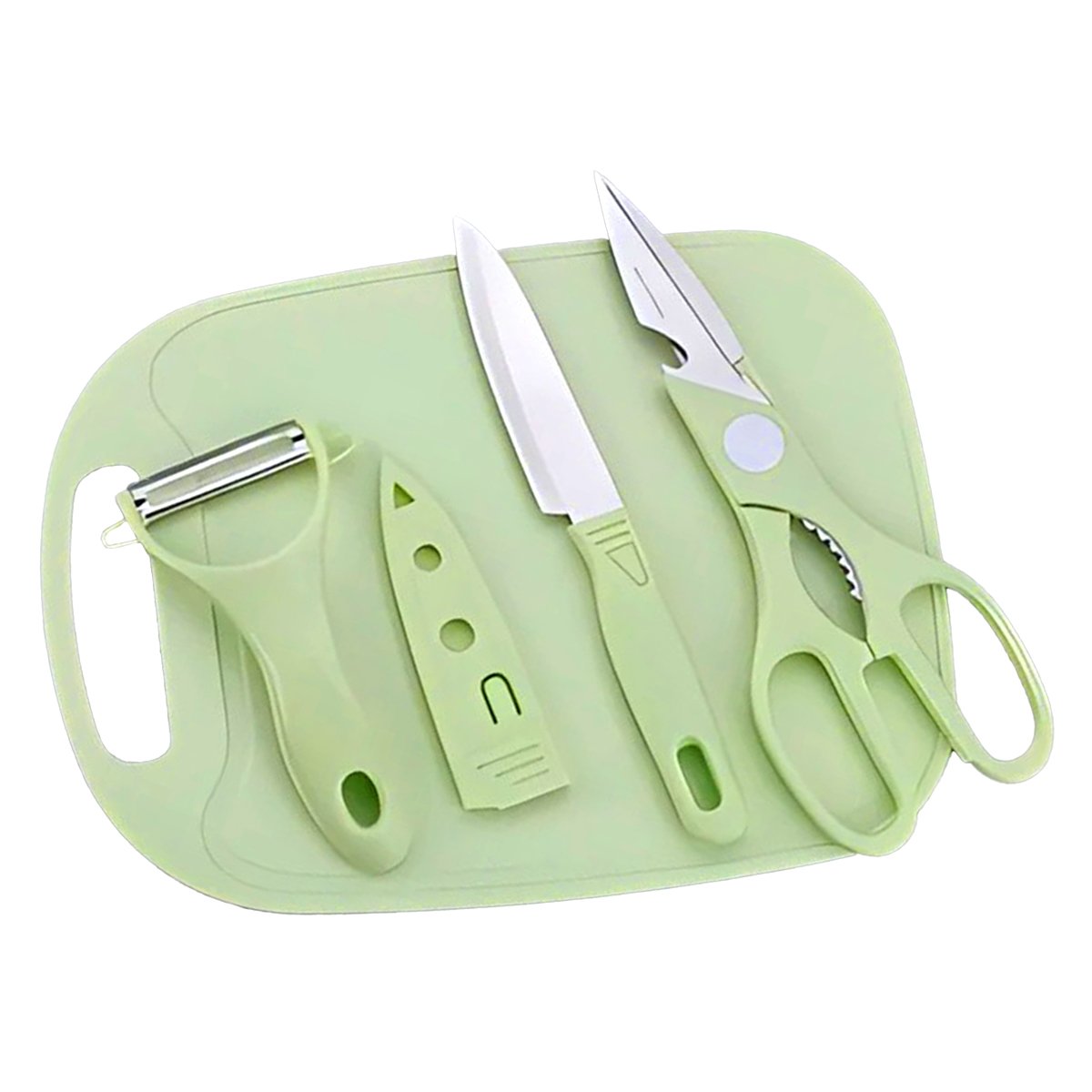 Kit Utensílios Cozinha 4 Peças: Faca, Tábua, Tesoura e Descascador:verde - 8