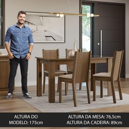 Conjunto Sala de Jantar Mesa Tampo de Vidro 4 Cadeiras Rustic/sintético Bege Kiara Madesa - 4