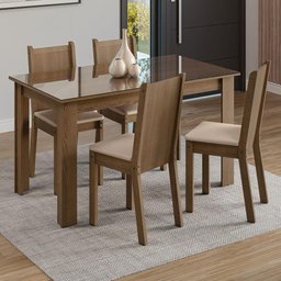 Conjunto Sala de Jantar Mesa Tampo de Vidro 4 Cadeiras Rustic/sintético Bege Kiara Madesa - 1
