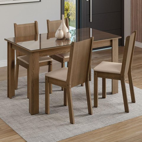 Conjunto Sala de Jantar Mesa Tampo de Vidro 4 Cadeiras Kiara Madesa