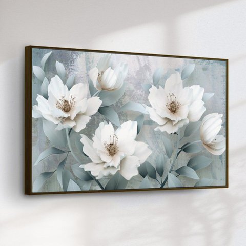 Quadro Decorativo Flores Brancas Fundo Azul