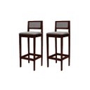 Ver imagem 2 de Kit 2 Banquetas Madeira Imbuia Pub Assento Encosto Estofados:Imbuia com Linho Cinza