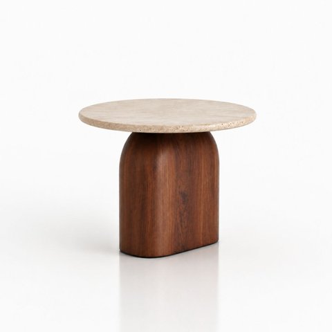 Mesa Lateral Redonda Balance 51 cm Tampo Mármore Travertino Romano Base Nogueira