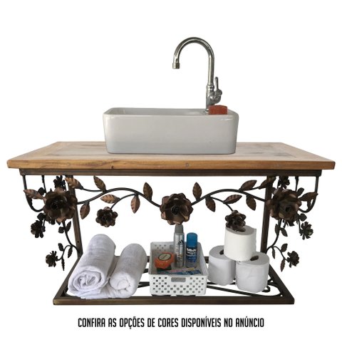Bancada de Madeira e Ferro com Rosas em Verniz Para Banheiros Libertas Rosas Artesanato Bancada Rosa