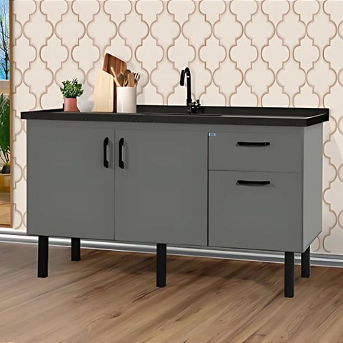 Gabinete de Cozinha 2 Portas Armário de Pia 2 Gaveta 144cm:cinza