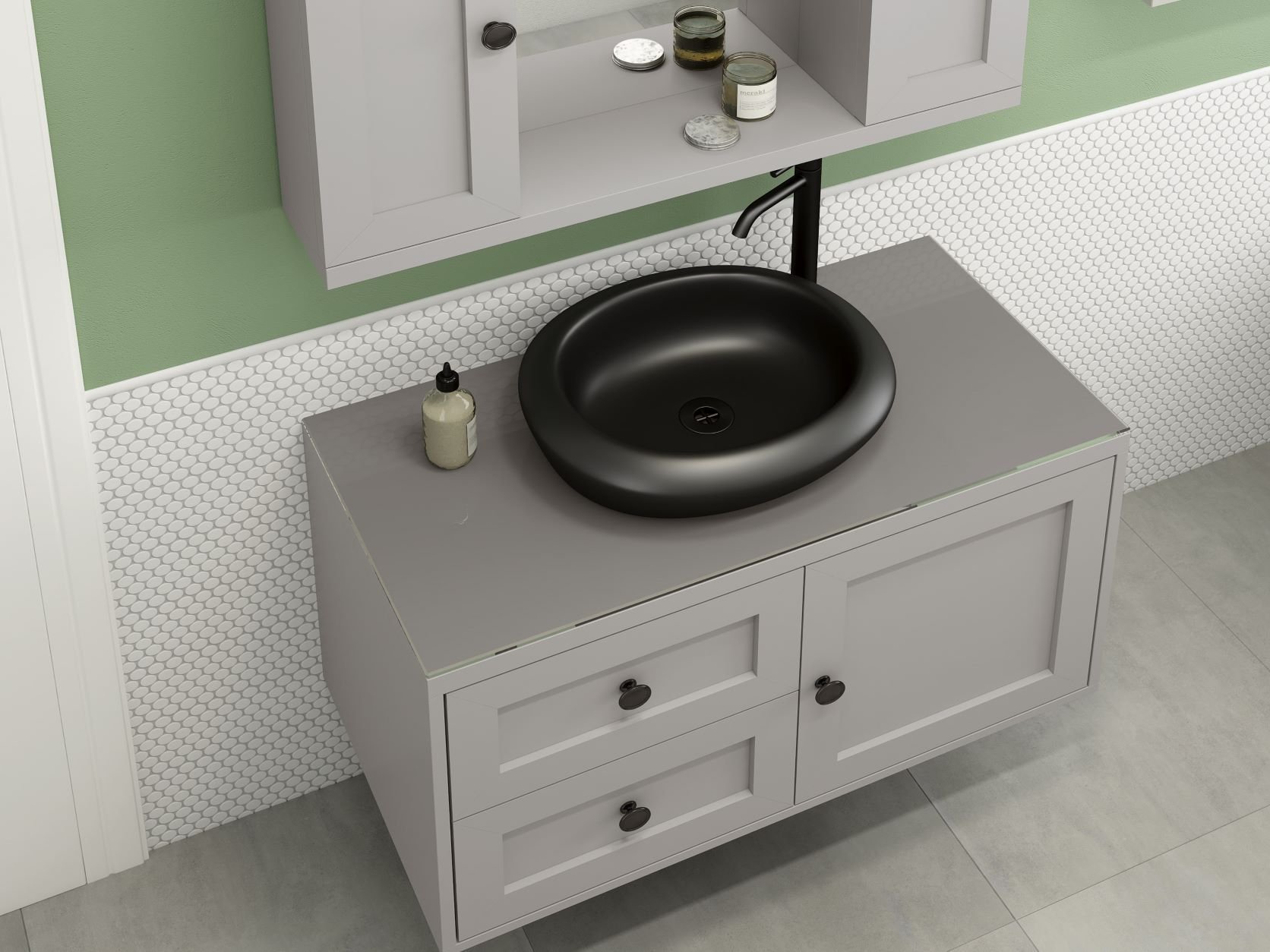 Balcão Gabinete Banheiro Provençal 80 C/ Cuba: Cinza / Preto - 3