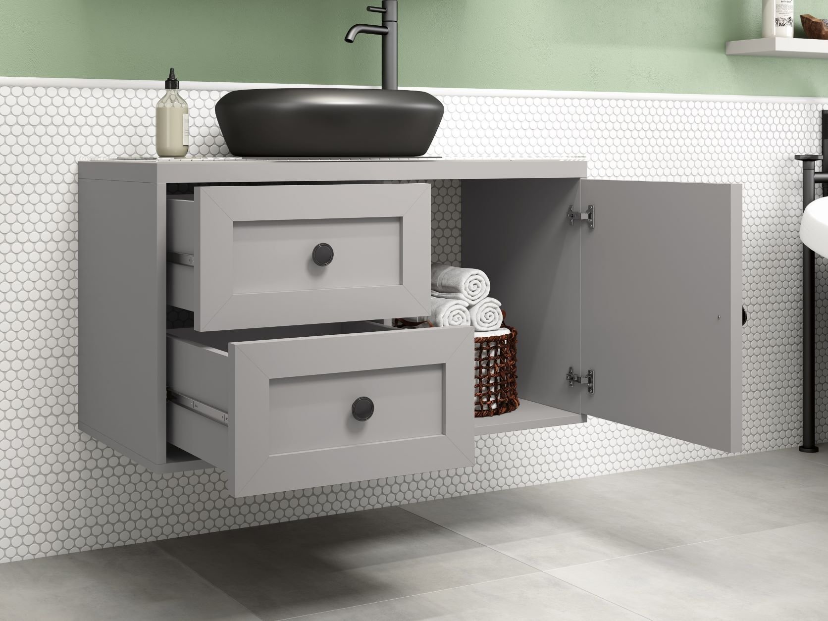 Balcão Gabinete Banheiro Provençal 80 C/ Cuba: Cinza / Preto - 4