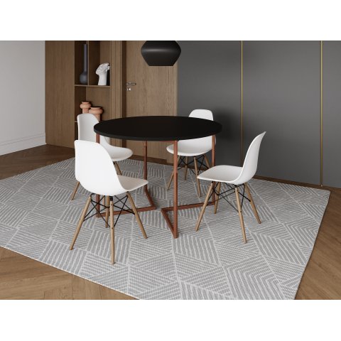 Mesa Industrial Base Ferro Cobre em V Tampo 110cm Preto 4 Cadeiras Eames Madeira Assento Branco